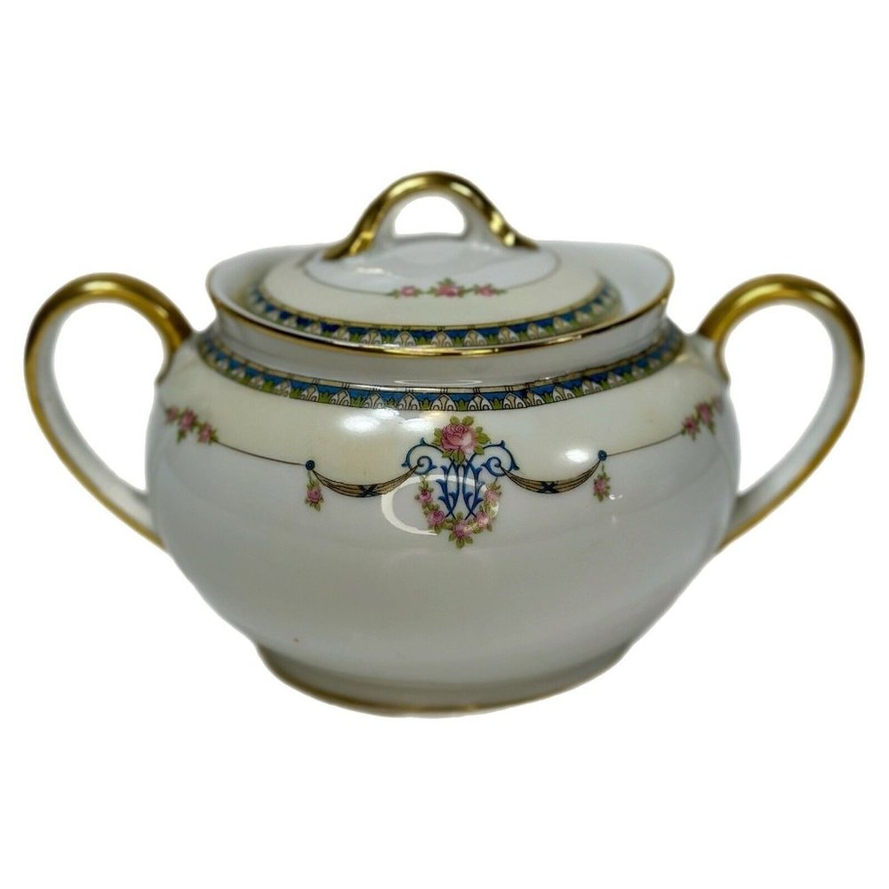 ANTIQUE NORITAKE LAUREATE #61235 SUGAR BOWL/LID 1921 PORCELAIN BLUE GOLD FLORAL
